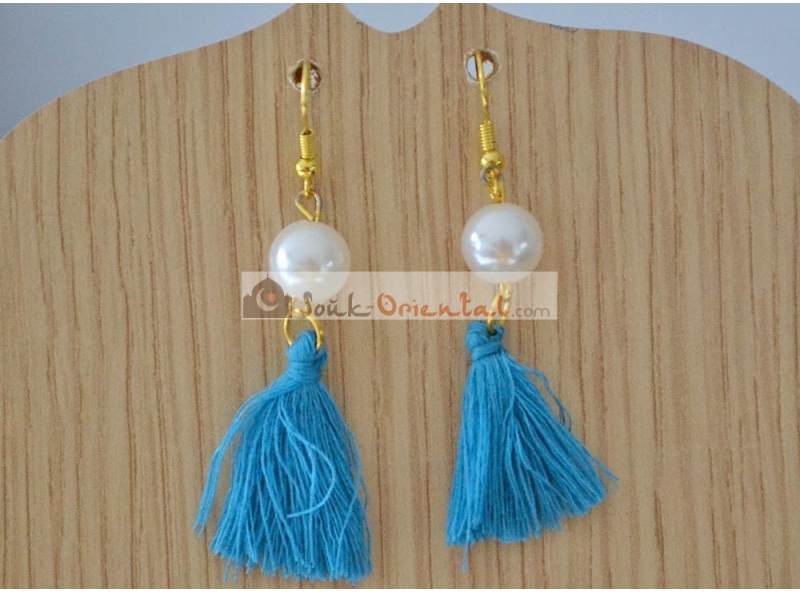 Boucles d`Oreilles Long Mini Perle Pompon Tassel Artisanal Turquoise AA21
