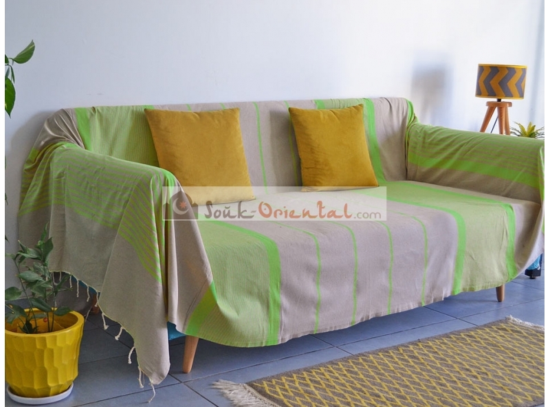 Grande Fouta Jete De Canape Lit Grege Rayee Vert Anis 100 Coton